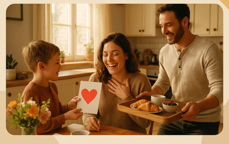 Moms deserve love too—family surprising mom with breakfast and a handmade card